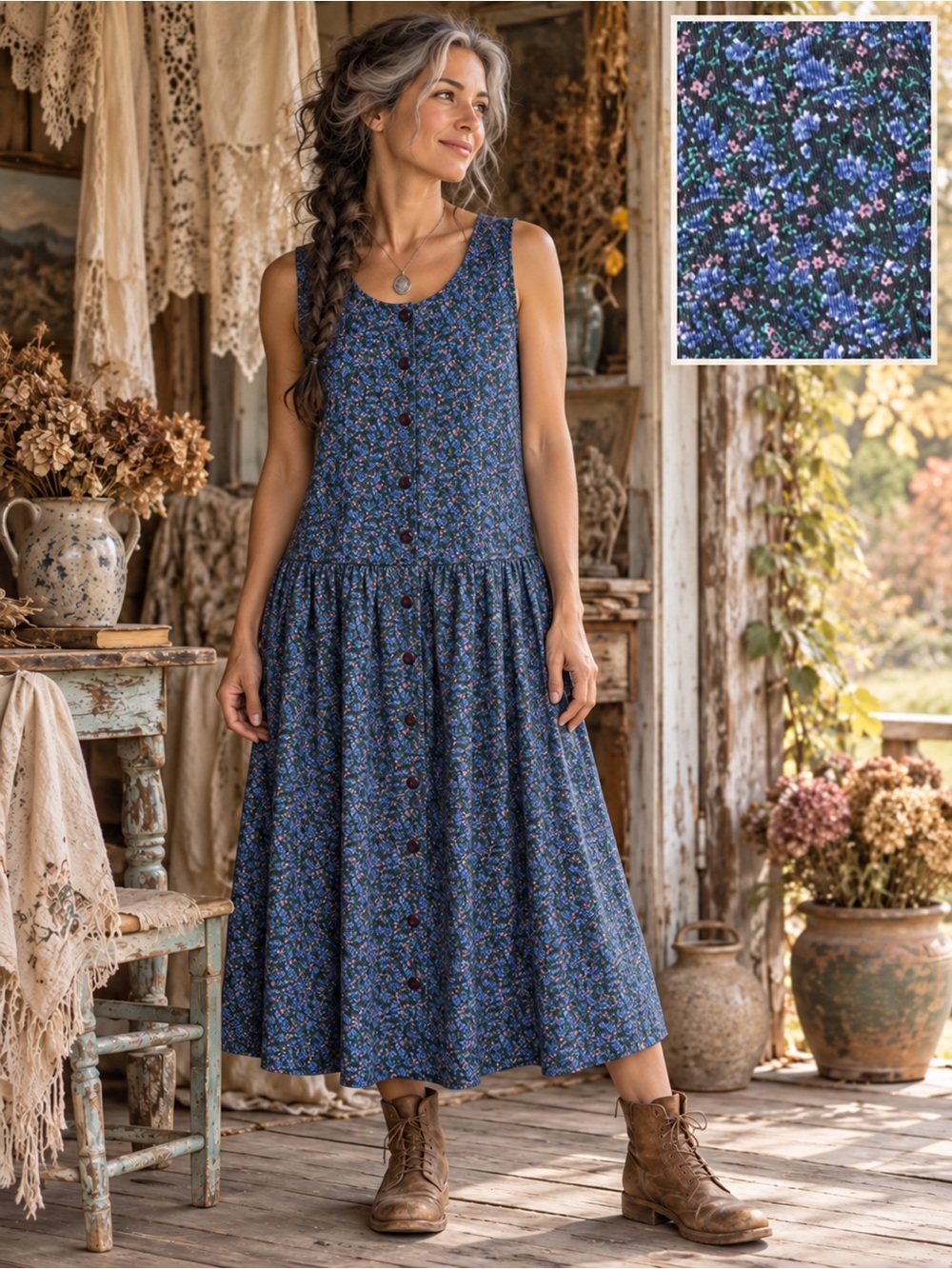 True Vintage 90s FADS Blue Ditsy Floral Button Front Cotton Midi Dress Size M